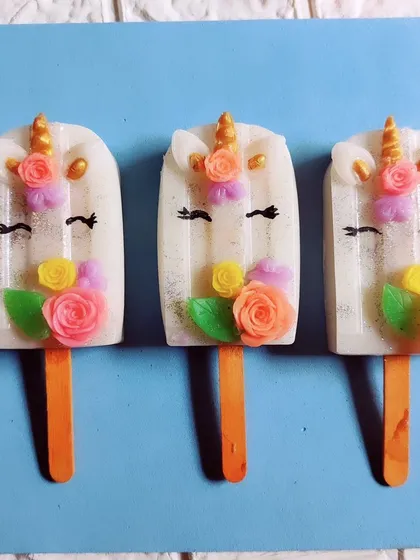 Beautifully detailed unicorn popsicle soaps, made with a gentle goat milk base.