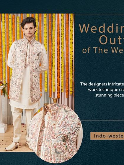 Our wedding outfit of the week. This Indo-Western piece features intricate beadwork, creating a stunning piece of art that is perfect for the showstopper at any celebration.