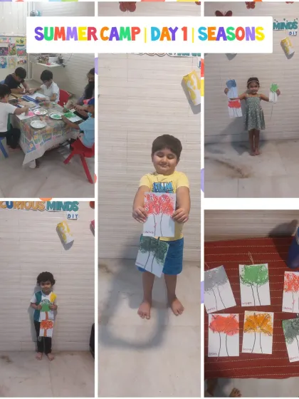 A collage from Day 1 of summer camp, where the theme was "Seasons." Children created artwork representing the four seasons, showing their understanding of the topic.