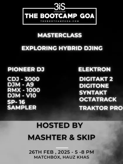 My masterclasses go beyond typical DJing. This poster is from a workshop on Hybrid DJing, where we explore integrating hardware like the Elektron Digitakt and Syntakt with a standard Pioneer DJ setup to create a truly unique live performance.