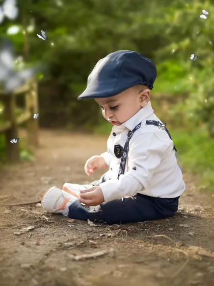 Dressed in a dapper outfit, this little boy is exploring a path in the park. The natural surroundings create a beautiful, soft background.
