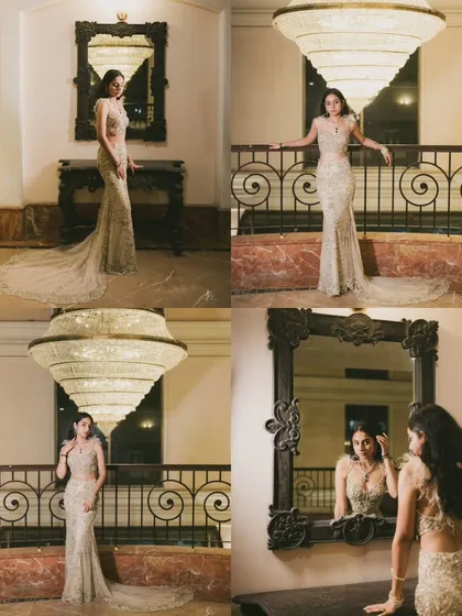 A series of portraits of Anmol. These shots highlight her elegance from different angles, using the grand chandelier and ornate mirror as key compositional elements.