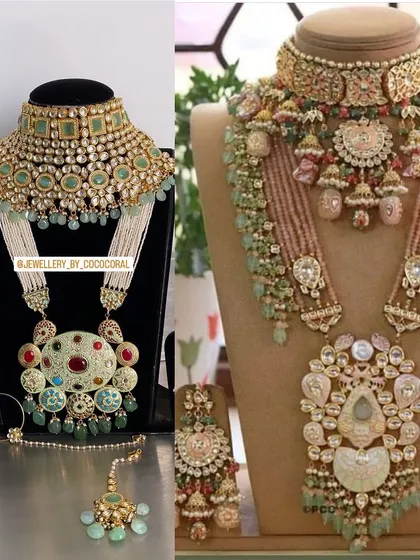A side-by-side comparison of two of my most popular grand bridal sets available for rent. Both feature elaborate layering and are available in different color combinations to match your wedding attire.