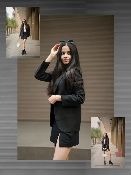 A collage that captures the movement and style of the urban shoot, with the model posing against a modern architectural backdrop.