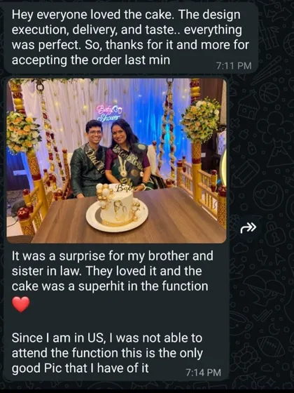 A wonderful review from our client in the US who ordered a surprise baby shower cake for her family in India. We are so happy we could help make their function a superhit.
