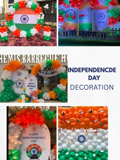 This collage shows the variety of my Independence Day and Republic Day decorations. I can create balloon walls, circular flag designs, and large arches to suit any space or budget.