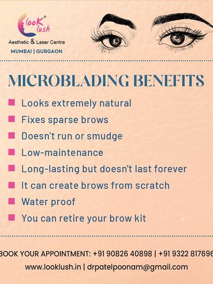 This graphic outlines the many benefits of microblading. It looks natural, fixes sparse brows, is waterproof, and is a long-lasting, low-maintenance solution for perfect arches.