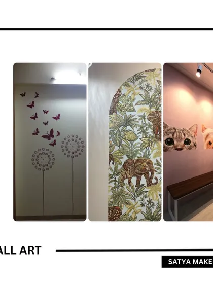 A collage of different wall art and wallpaper applications, from playful animal decals and butterfly stickers to elegant, patterned wallpaper.