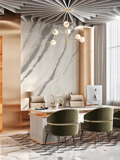 A visualization of a modern executive office cabin in Gurugram. The design features a unique geometric ceiling, a statement marble desk, and a refined color palette, reflecting a professional and luxurious brand identity.