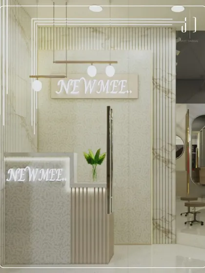 Your salon's first impression starts here. For the 'Newmee' salon, I designed a reception area that feels bright, modern, and instantly welcoming, setting the tone for a luxurious client experience.