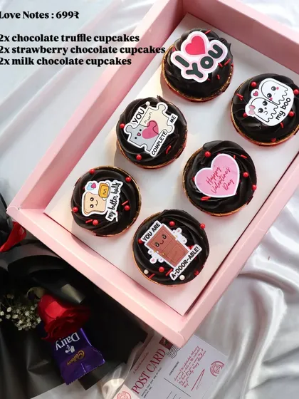 The 'Love Notes' box is always a hit. It comes with six rich chocolate cupcakes, each with a different cute and punny edible topper.