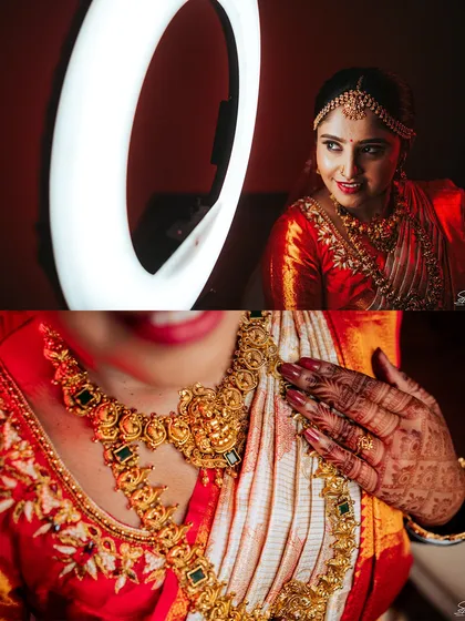 This diptych highlights our skill in jewelry photography. The top frame sets the mood with a ring light, while the bottom frame provides a clear, detailed close-up of the stunning temple necklace, showing every element for prospective buyers.