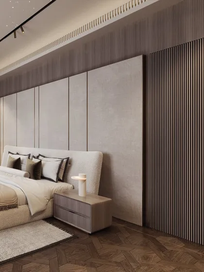 A master bedroom in a Kasauli villa, featuring a high, angled ceiling with a starlight effect. The render focuses on creating a cozy yet dramatic atmosphere.