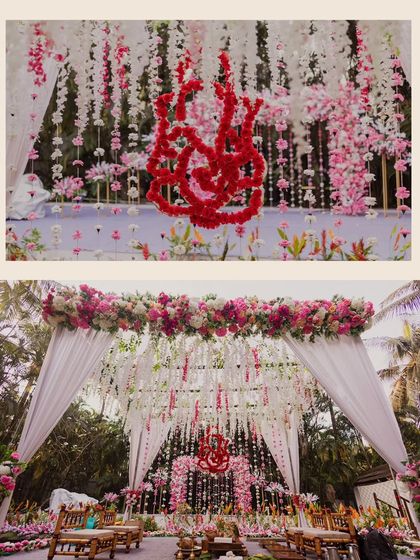 A collage showcasing the stunning floral decor of a wedding mandap. The intricate designs, from the hanging flowers to the symbolic 'Om' crafted from red petals, highlight the beauty of the setup.