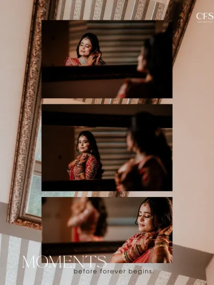 "Moments before forever begins." A creative collage showing the bride getting ready, reflected in a mirror. This artistic shot captures the quiet, contemplative moments before the ceremony.