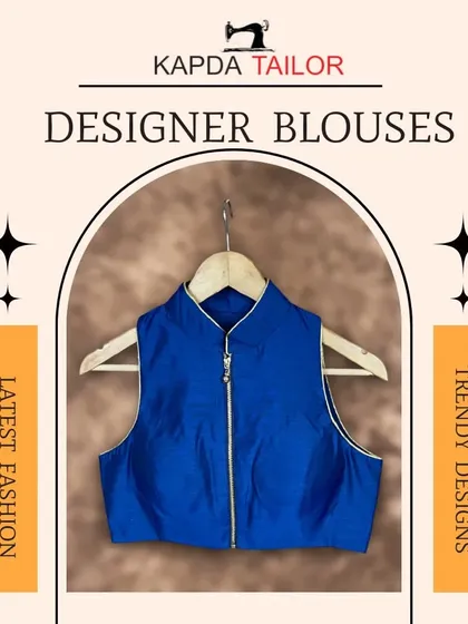 Latest fashion, trendy designs. This graphic features a stylish royal blue sleeveless blouse with a high neck and front zipper.