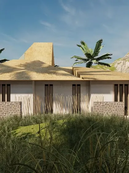 The front elevation of the Serenity guesthouse shows the simple, measured presence of the architecture. The roofline mirrors the gentle slopes of the surrounding hills, ensuring the design complements rather than dominates the landscape.
