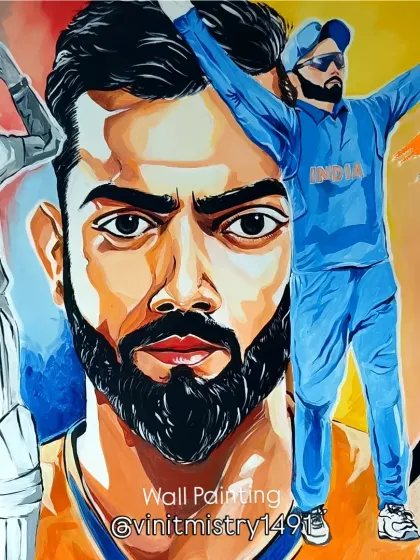 The completed Virat Kohli wall art, a collage of his different moods and moments on the field. A perfect piece for any cricket fan.