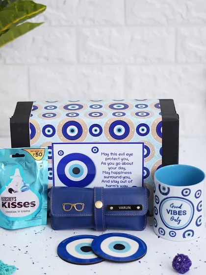 This Evil Eye Hamper is a unique and thoughtful gift. The mug can be customized with a photo, and the eyewear case can be personalized with a name.