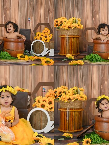 A collage from the sunflower-themed first birthday session, showing a variety of poses and expressions.