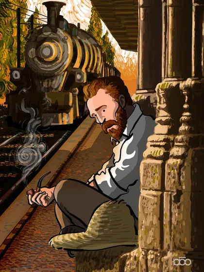 A moment of quiet despair and contemplation. Vincent sits alone on a train platform, his pipe extinguished, as the train of life seems to pass him by. It’s a reflection on stillness, waiting, and the feeling of being left behind.