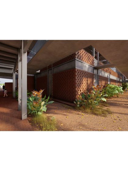 Covered walkways and streets connect the different pods of The Atelier. The use of perforated brick walls and lush planting along these paths creates a sensory journey through the campus, with changing patterns of light and texture.