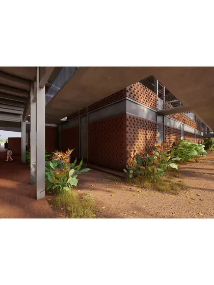 Rendered view of the covered walkways and streets connecting the different buildings at 'The Atelier'.