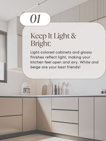 To make a small kitchen feel larger, keep it light and bright. Light-colored cabinets in white or beige and glossy finishes reflect light, making the space feel more open and airy.