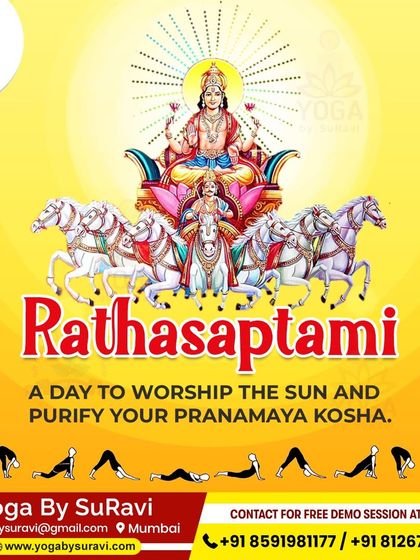On Rathasaptami, we honor the sun with Surya Namaskar, a powerful practice to purify your Pranamaya Kosha (energy sheath) and boost vitality.
