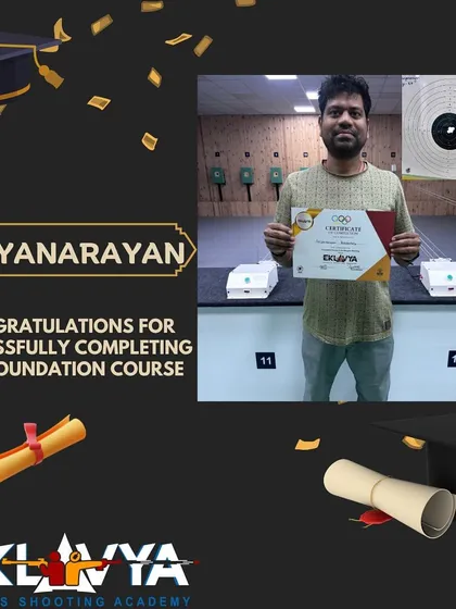Suryanarayan proudly displays his course completion certificate and a well-shot target. This demonstrates the tangible results and accuracy that can be achieved through our structured training programs.