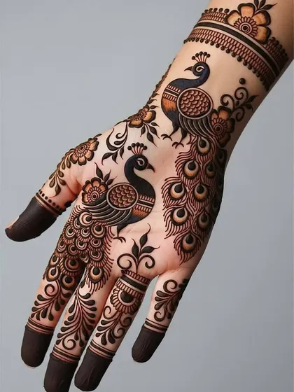 An elegant and modern take on traditional art, this Arabic-style mehndi features two proud peacocks. The design uses negative space to make the intricate feather details and flowing vines stand out beautifully.