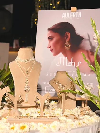 A preview of the 'Mehr' collection, designed by Suneet Varma, beautifully displayed at its exclusive launch event. Each piece is meticulously arranged to showcase its intricate craftsmanship and timeless appeal.