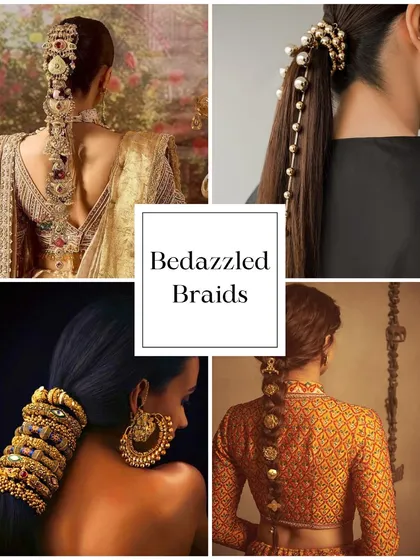 Bridal Hair Trend: Bedazzled Braids. Elevate a simple braid with intricate jewelry, pearls, or traditional parandi. It's a stunning look for a mehendi or the wedding day.