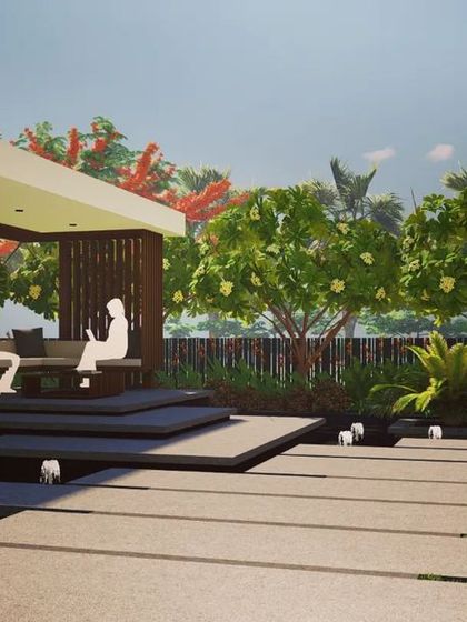 A concept for a cozy, floating gazebo in a private residence garden in Ranchi. Surrounded by water and lush trees, this intimate space is designed for quiet moments and quality time amidst the soothing sounds of nature.