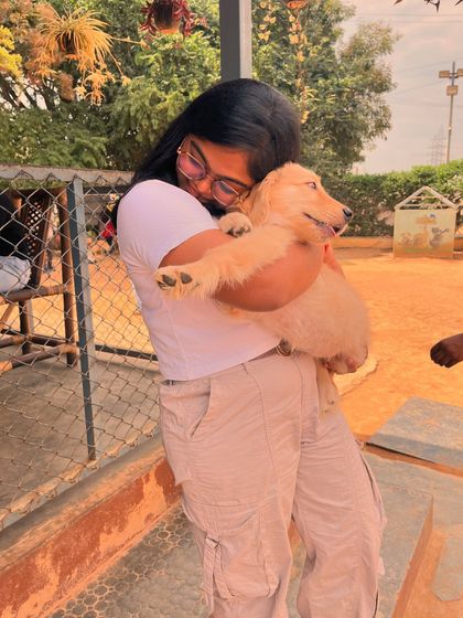 The pure joy of holding and hugging a fluffy Golden Retriever puppy.
