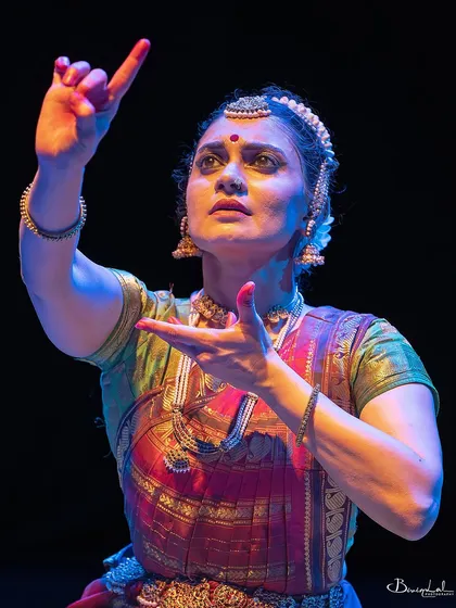The essence of Abhinaya is conveying a universe of emotion through the eyes. This is a moment of intense focus from a performance, channeling the narrative of the poetry. In my Abhinaya workshops, we work on accessing and portraying these deep emotional states authentically.