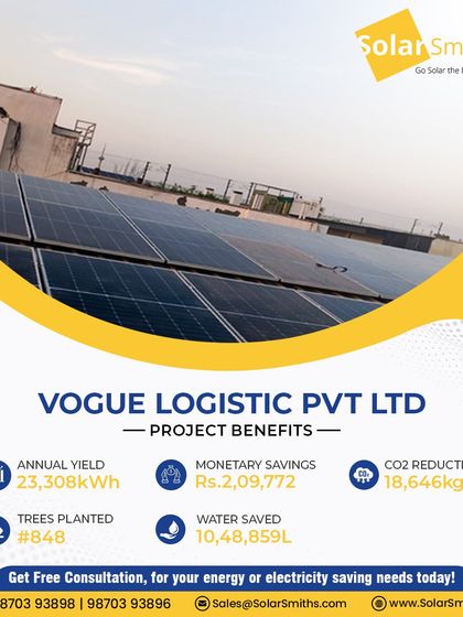 This 18.245 KW on-grid system for Vogue Logistic Pvt. Ltd. uses high-efficiency modules to save the company over ₹2 lakhs annually. It's a smart investment in sustainable logistics.