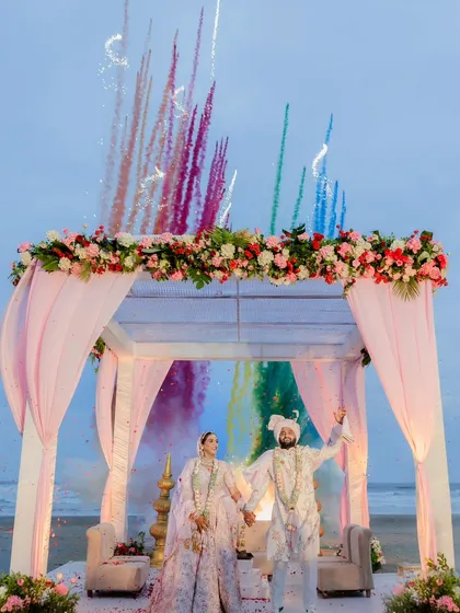 A fairytale by the sea. This moment captures the grand celebration of a beach wedding in Goa, with fireworks painting the sky as the couple begins their journey. It shows my passion for capturing love in epic destination settings.