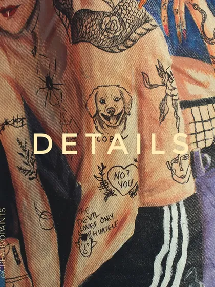 The magic is in the details. This close-up shows the fine line work on a custom jacket, where I recreated tiny, individual tattoos with precision. From the smiling dog portrait to the delicate script, every detail adds to the story.