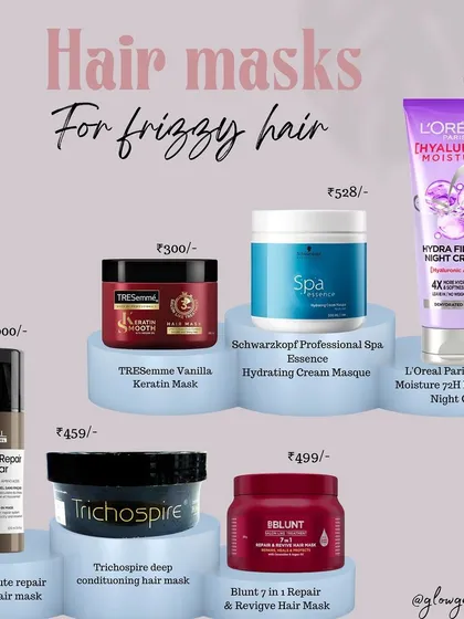 **A visual guide to some of my recommended hair masks for frizzy hair.** This includes products from brands like L'Oreal, Schwarzkopf, TRESemme, and Trichospire, with different price points to suit various budgets.