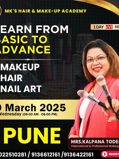 Pune, I'm coming for a 1-day live seminar. Learn everything from basic to advance in makeup, hair, and nail art.
