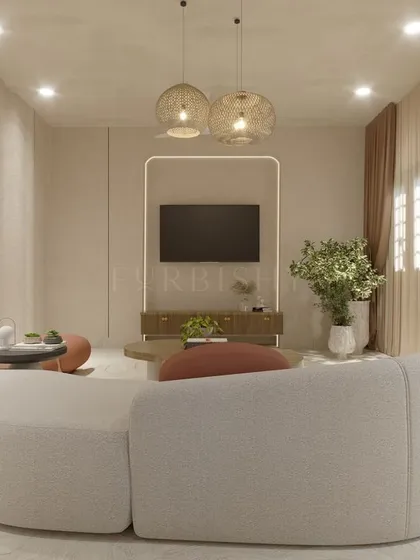 Another render from the same villa project, showing the TV and media unit. This helps visualize how the room will function and ensures the final layout is both beautiful and practical.