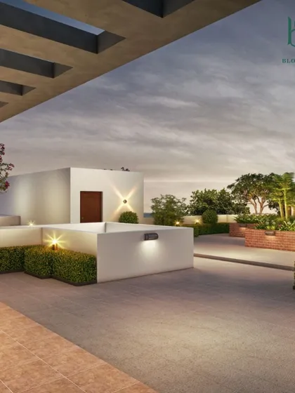 Another view from the same modern terrace design, this time highlighting the entrance under a slatted roof structure. This shows how I use architectural elements to define spaces and create a seamless flow from indoors to outdoors.