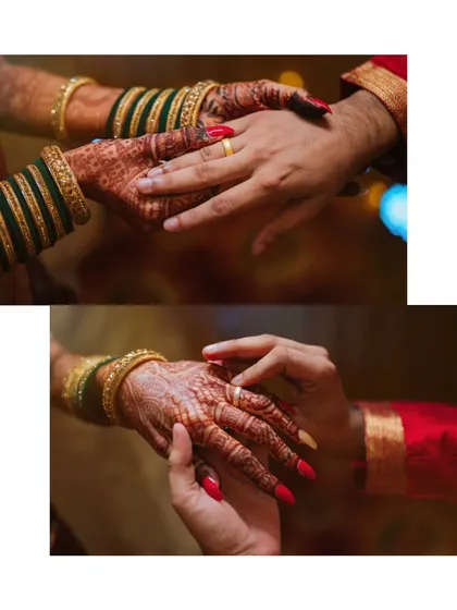 A close-up of the ring exchange during a traditional Maharashtrian ceremony. The focus is on the hands, adorned with intricate henna and green bangles, symbolizing the union.