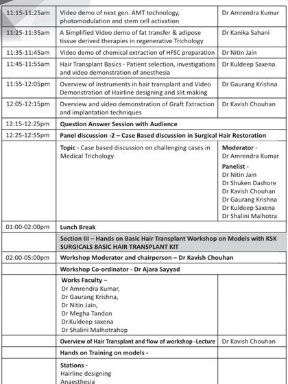 The detailed scientific program for our trichology workshop, featuring sessions on next-gen AMT technology, fat transfer, and video demonstrations of advanced FUE techniques.