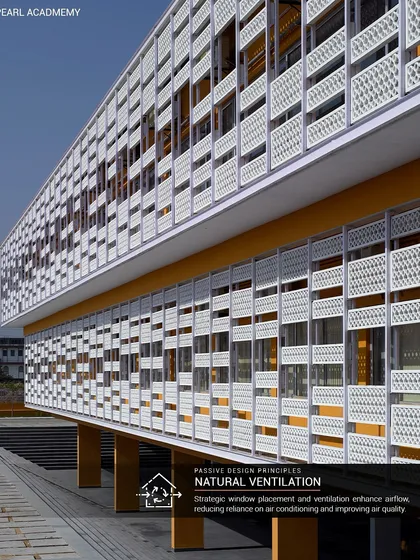 The facade of Pearl Academy is a double skin that acts as a thermal buffer. This image highlights the principle of natural ventilation, where strategic window placement and the perforated outer screen enhance airflow, reducing reliance on air conditioning.