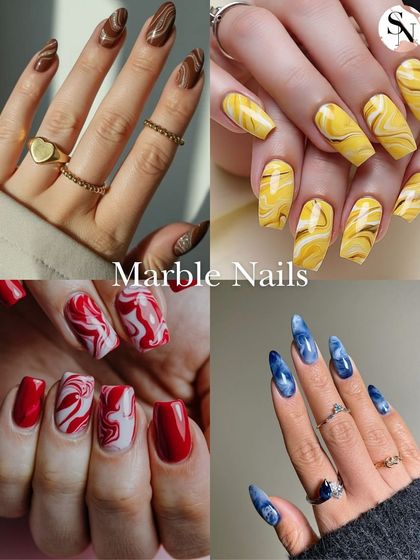 Marble nails are a timeless and elegant choice. This collage showcases the versatility of the marble effect in different colors, including brown, yellow, red, and blue.