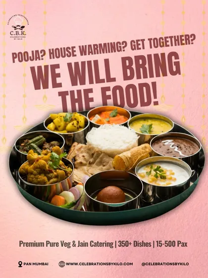 Whether it's a Pooja, a house warming, or a simple get together, we bring the food. This graphic highlights our premium pure veg and Jain catering service, suitable for gatherings from 15 to 500 people, with over 350 dishes to choose from.