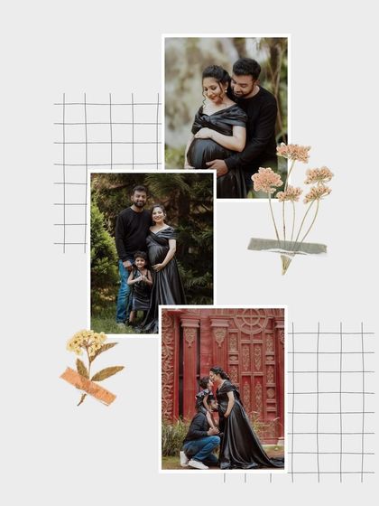 A creative collage blending different photos from a maternity shoot, including a shot with their older child.