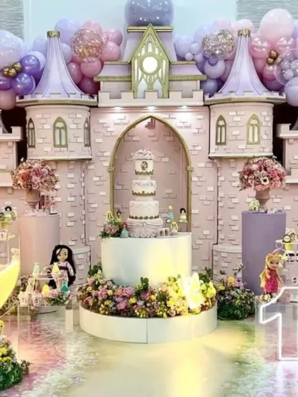 We believe every child deserves a fairytale. This magnificent princess castle setup is how we make those dreams a reality, complete with towering turrets, floral arrangements, and a grand stage for the birthday princess.